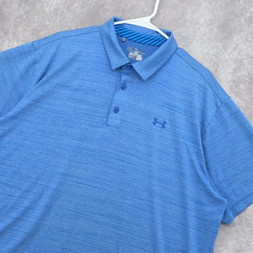 Under Armour Polo Shirt Mens 2XL Blue Heathered HeatGear Loose Fit Short Sleeve
